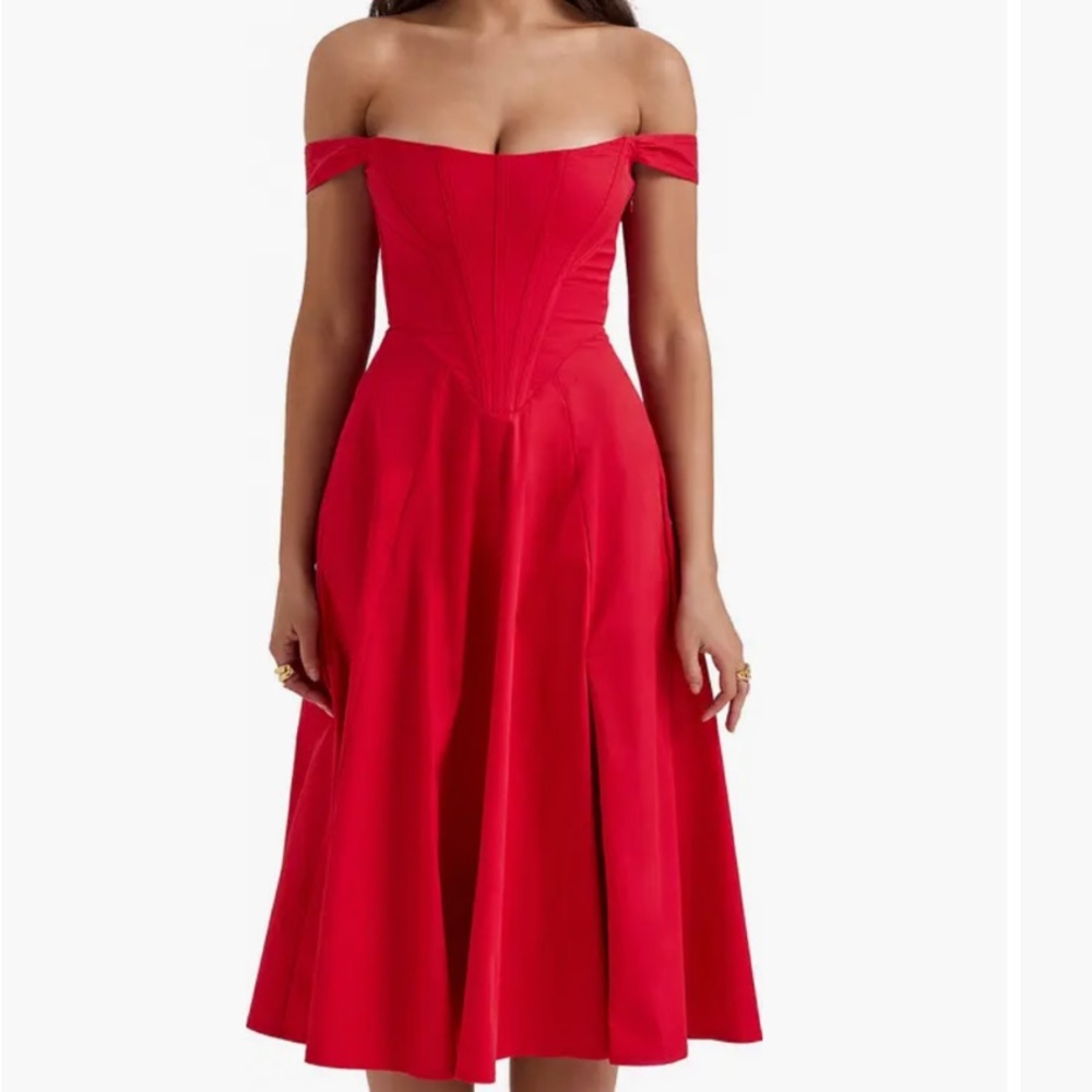 House of CB Saira Lace-Up Red Corset Cocktail Midi Dress